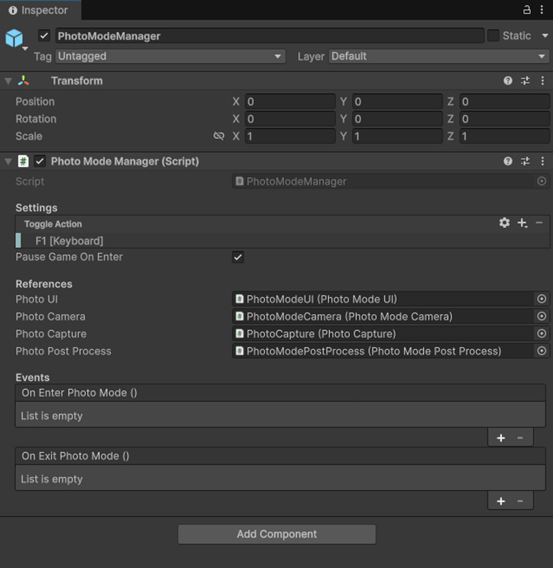 Configuration de PhotoModeManager dans l'inspecteur Unity